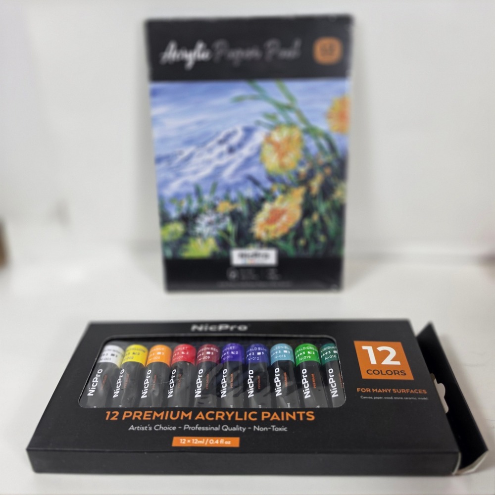 NicPro 12 Premium Acrylic Paint Set and 12 Sheet Acrylic Paper Pad Art Kit